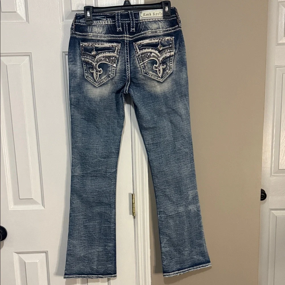 💥 Rock Revival Women's Distressed “Yui” Blue Boot Cut Jeans {27} 30” inseam. 💥 - Picture 5 of 16